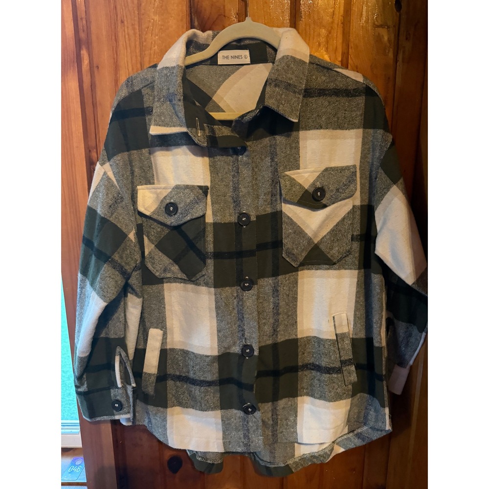 The Nines Plaid Flannel Shirt Jacket Green White‎ Button Down Shacket size Large